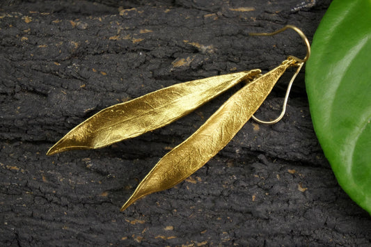 Gold Silver Dangle Earrings, Olive Leaf Earrings, Gold-Plated Sterling Silver Jewelry, Birthday Gift, Gift for Women, Gift for Her, Handmade-0