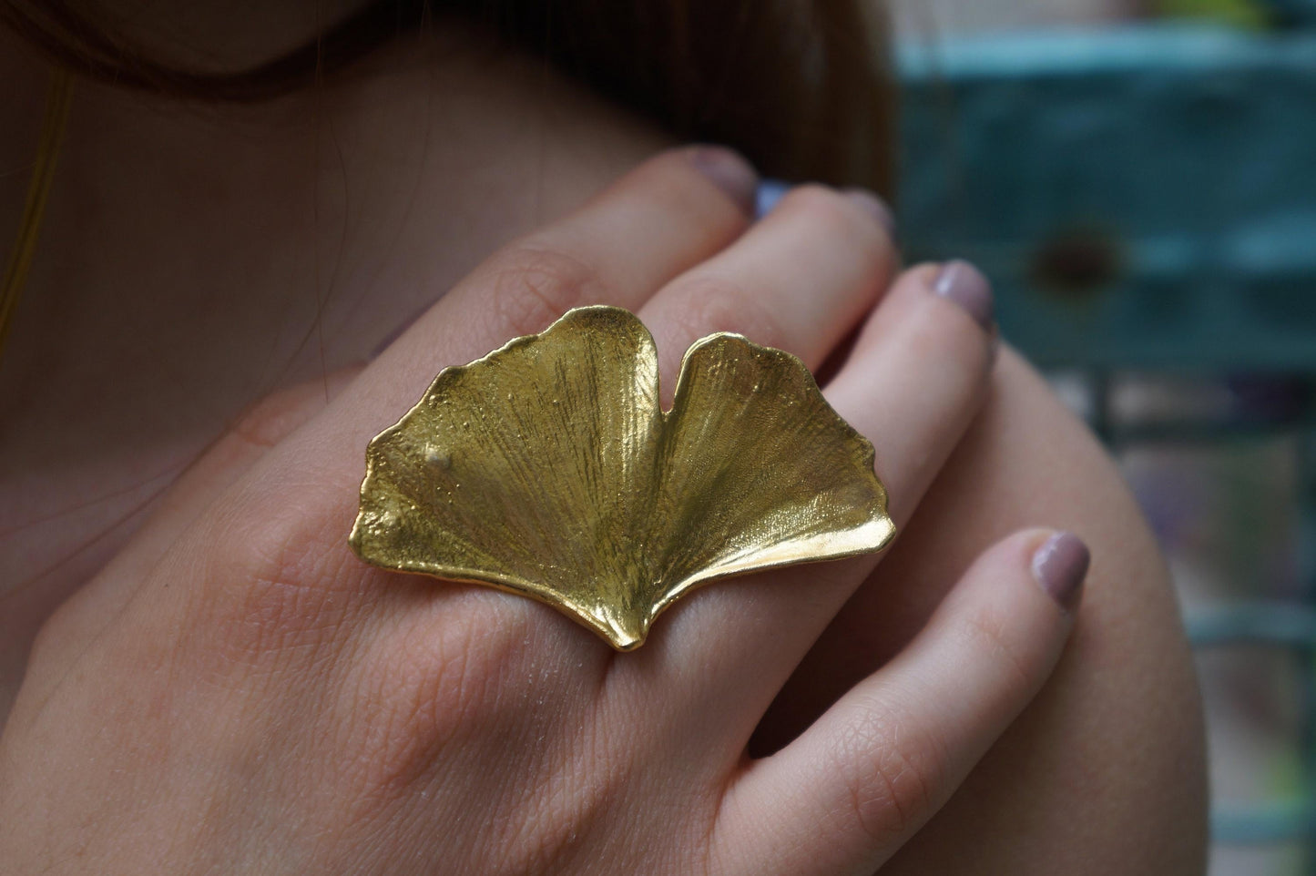 Nature-Inspired Silver Ring, Ginkgo Leaf Detail (Adjustable Band)-2