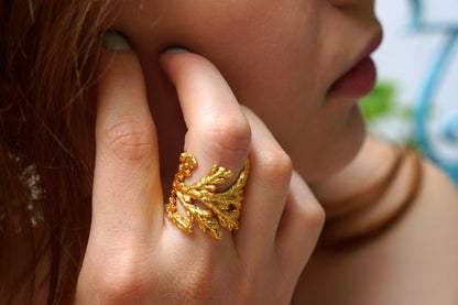 Gold Cypress Ring, 14K Gold-Plated Sterling Silver Band, Leaf Ring, Birthday Gift for Women, Gold and Silver Jewelry, Handmade Gift for Her-0