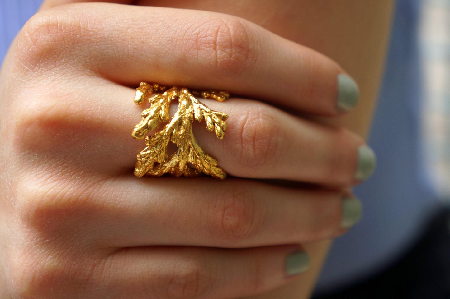 Gold Cypress Ring, 14K Gold-Plated Sterling Silver Band, Leaf Ring, Birthday Gift for Women, Gold and Silver Jewelry, Handmade Gift for Her-2