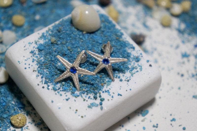 Starfish Earrings: Sterling Silver with Blue Zircon - Nature Inspired-0