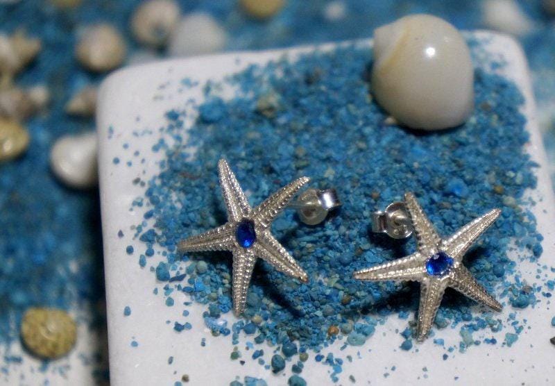 Starfish Earrings: Sterling Silver with Blue Zircon - Nature Inspired-1