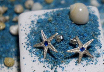 Starfish Earrings: Sterling Silver with Blue Zircon - Nature Inspired-1