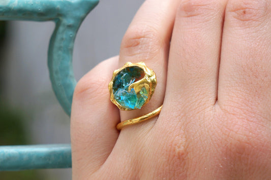 Gold Sea Shell Ring, Gold-Plated Sterling Silver Jewelry, Murano Stone Ring, Gift for Her, Birthday Gift for Women, Handmade Jewelry-0