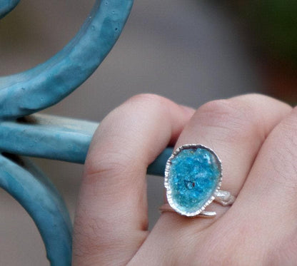 Silver Limpet Shell Ring: Turquoise Blue Accent - Handmade Nature Jewelry-0