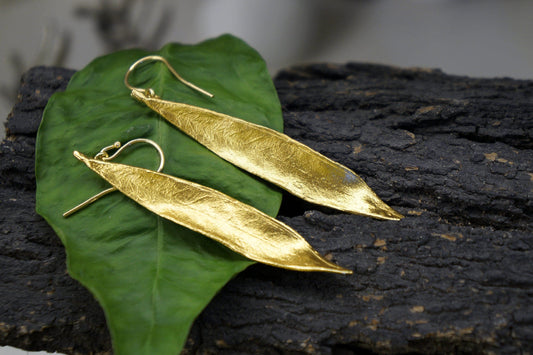 Gold Olive Leaf Earrings, Gold-Plated Earrings, Dangle Earring, Brass Jewelry, Gift for Her, Birthday Gift for Women, Handmade Jewelry-0