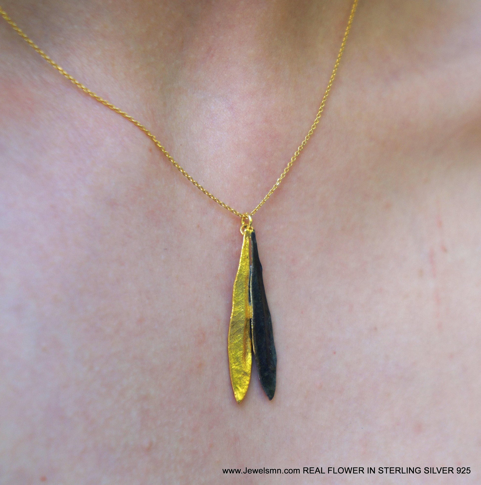Botanical Olive Leaf Necklace, Two Tone Gold & Black Rhodium (Sterling Silver 925)-0