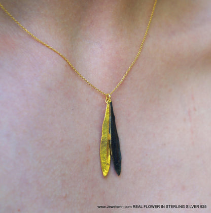 Botanical Olive Leaf Necklace, Two Tone Gold & Black Rhodium (Sterling Silver 925)-0