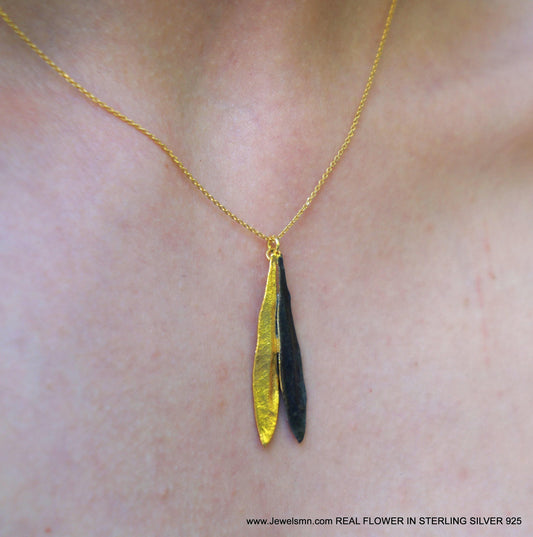 Botanical Olive Leaf Necklace, Two Tone Gold & Black Rhodium (Sterling Silver 925)-0