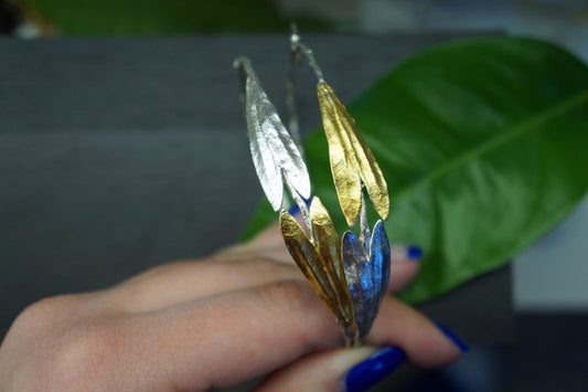Olive Branch Hoop Earrings: Large Sterling Silver with Gold Leaves-0