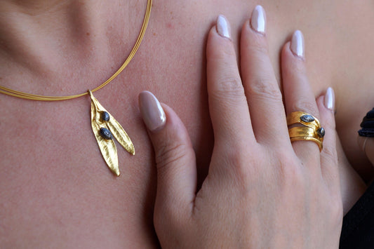 Gold Double-Leaf Necklace, Gold-Plated Sterling Silver Jewelry, Handmade Silver Pendant, Gift for Her, Birthday Gift for Women-1
