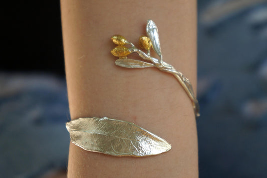 Gold Olive Branch Bracelet, Gold-Plated Sterling Silver Jewelry, Adjustable Cuff, Gift for Her, Birthday Gift for Women, Handmade Jewelry-0