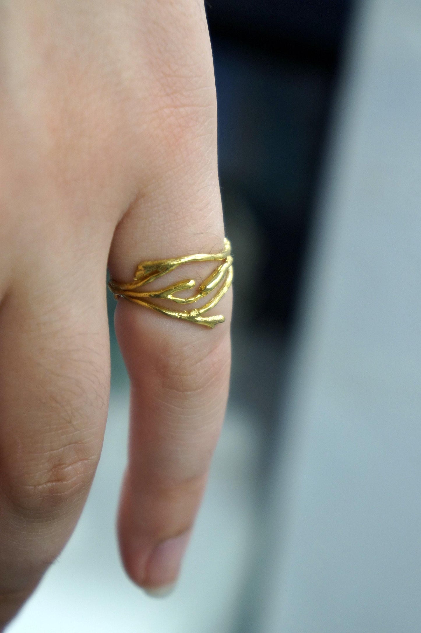 Jasmine Flower Twig Ring, Gold Plated Sterling Silver (Thin Band)-0