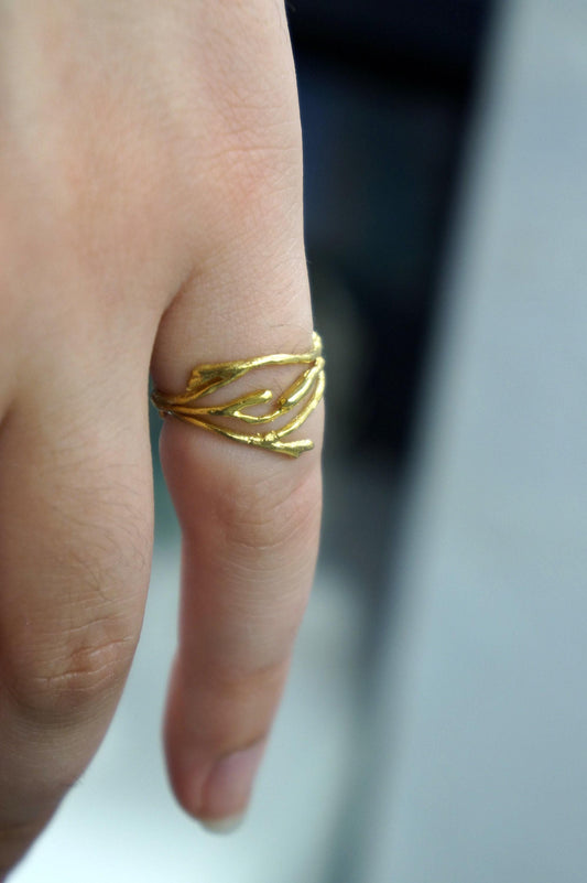 Jasmine Flower Twig Ring, Gold Plated Sterling Silver (Thin Band)-0