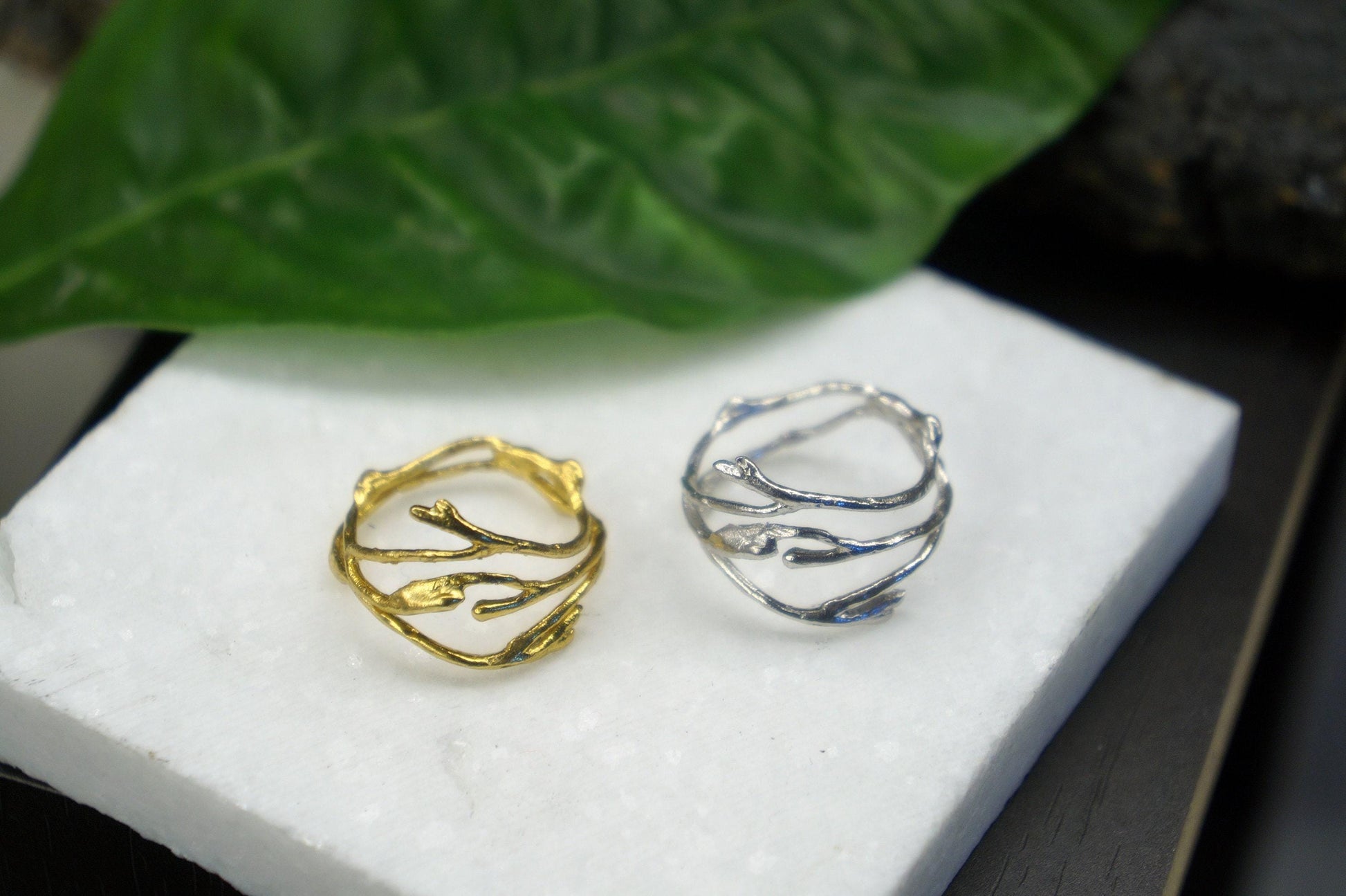Jasmine Flower Twig Ring, Gold Plated Sterling Silver (Thin Band)-2