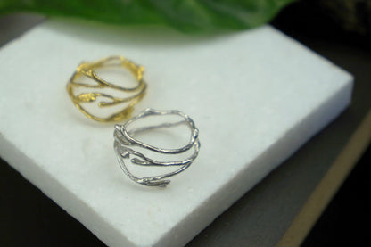 Jasmine Flower Twig Ring, Gold Plated Sterling Silver (Thin Band)-3
