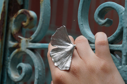 Ginkgo Leaf Ring: Handmade Sterling Silver Adjustable Band-0