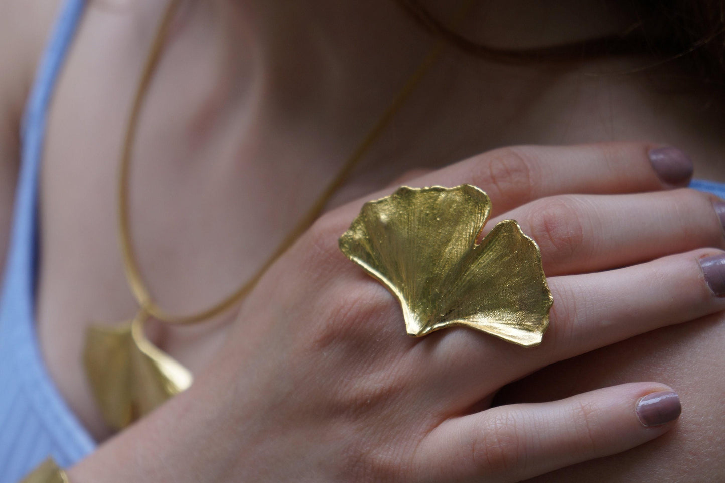 Nature-Inspired Silver Ring, Ginkgo Leaf Detail (Adjustable Band)-1