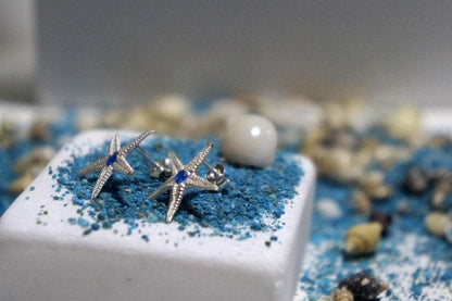 Starfish Earrings: Sterling Silver with Blue Zircon - Nature Inspired-2
