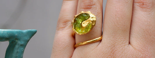 Gold Sea Shell Ring, Gold-Plated Sterling Silver Jewelry, Murano Stone Ring, Gift for Her, Birthday Gift for Women, Handmade Jewelry-1