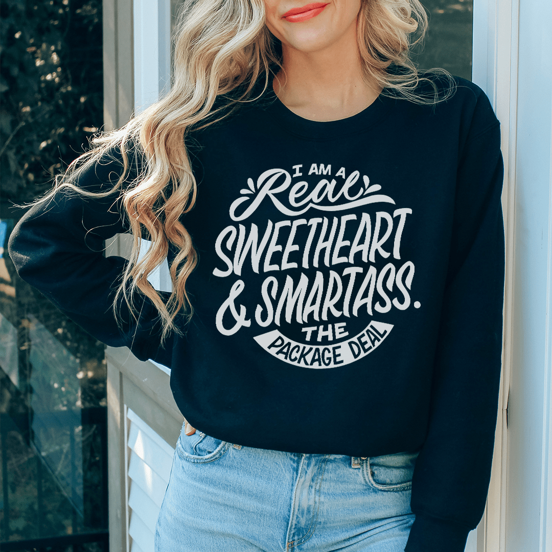 Black fleece sweatshirt with a printed slogan, shown from the front.