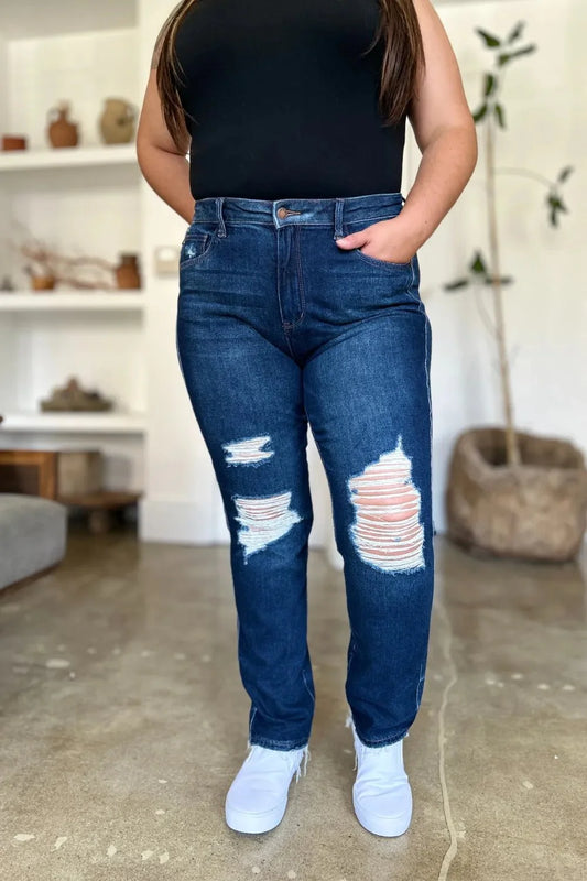 Judy Blue Full Size High Waist Rigid Magic Heavy Destroy Straight Jeans-0