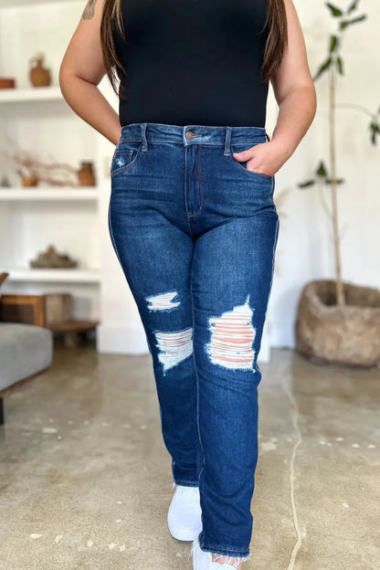 Judy Blue Full Size High Waist Rigid Magic Heavy Destroy Straight Jeans-4