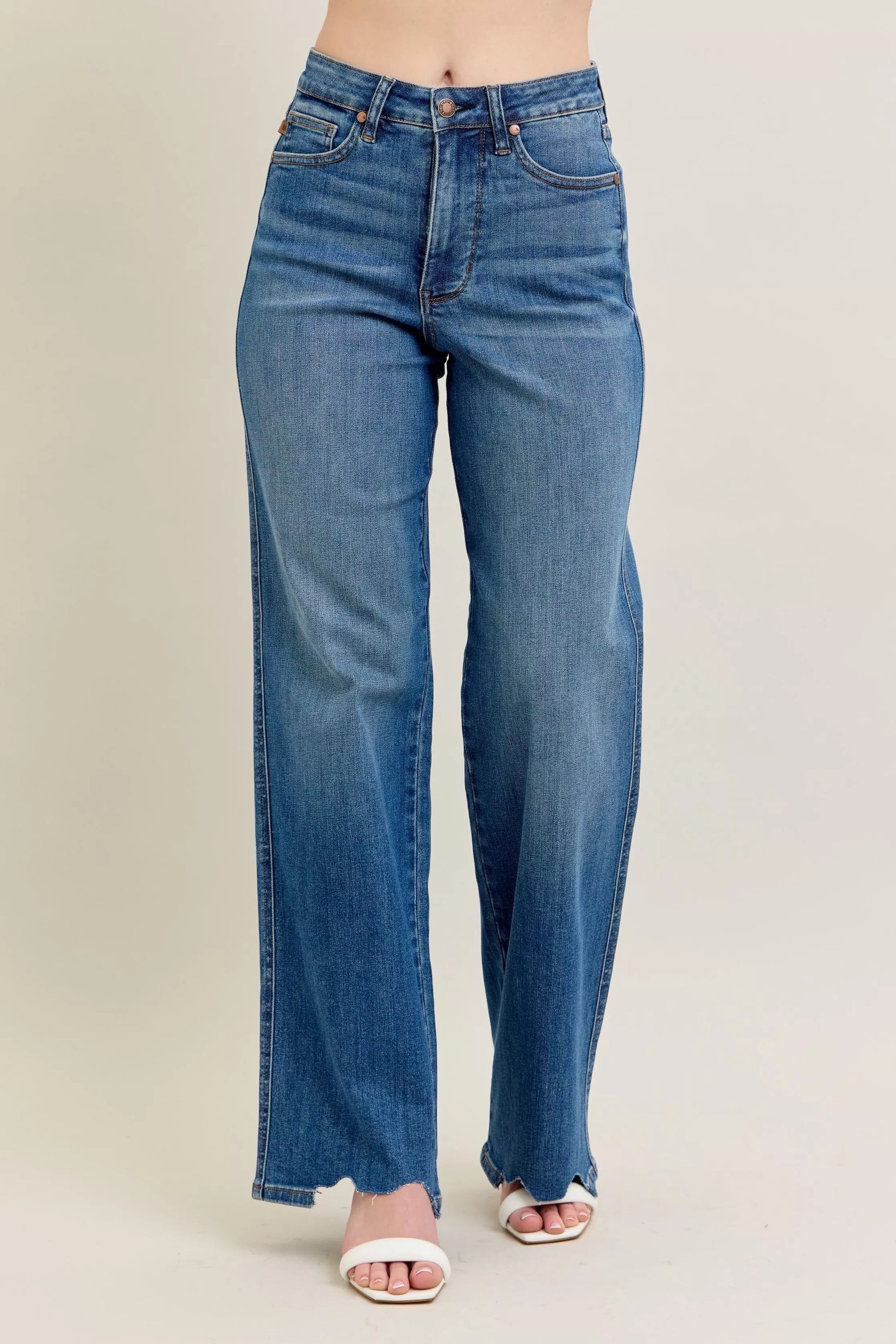 Judy Blue Full Size High Waist Tummy Control Chew Hem Destroy Wide Jeans Plus Size-3