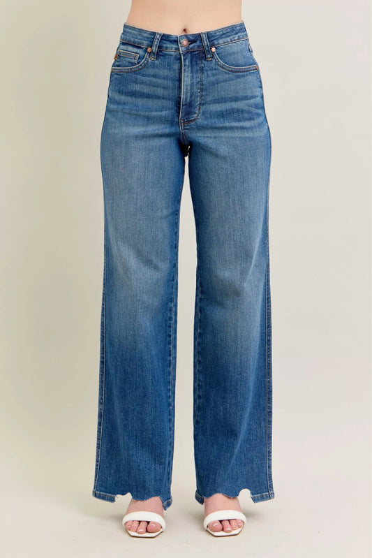Judy Blue Full Size High Waist Tummy Control Chew Hem Destroy Wide Jeans Plus Size-0
