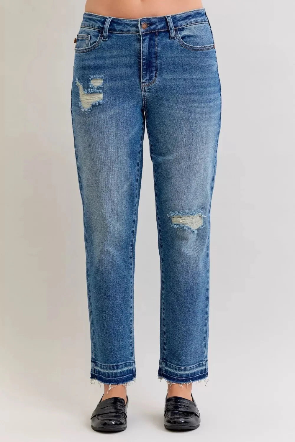 Judy Blue Full Size Mid Rise Bf Patch & Repair Destroy Release Hem Jeans Plus Size-0