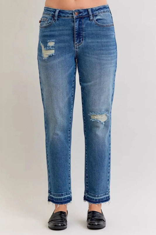 Judy Blue Full Size Mid Rise Bf Patch & Repair Destroy Release Hem Jeans Plus Size-0