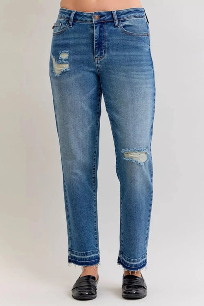Judy Blue Full Size Mid Rise Bf Patch & Repair Destroy Release Hem Jeans Plus Size-1