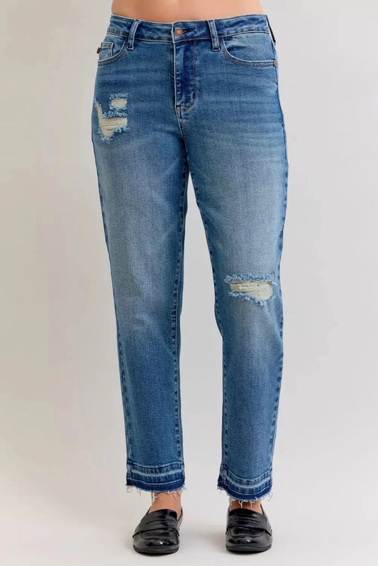 Judy Blue Full Size Mid Rise Bf Patch & Repair Destroy Release Hem Jeans Plus Size-1