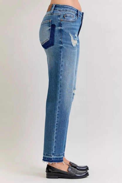 Judy Blue Full Size Mid Rise Bf Patch & Repair Destroy Release Hem Jeans Plus Size-2