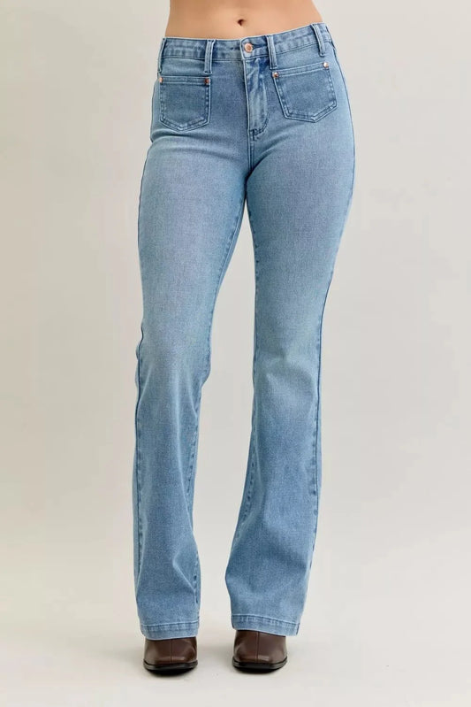 Judy Blue Full Size Mid Rise Bootcut Jeans with Contrast Wash & Front Patch Pockets Plus Size-0