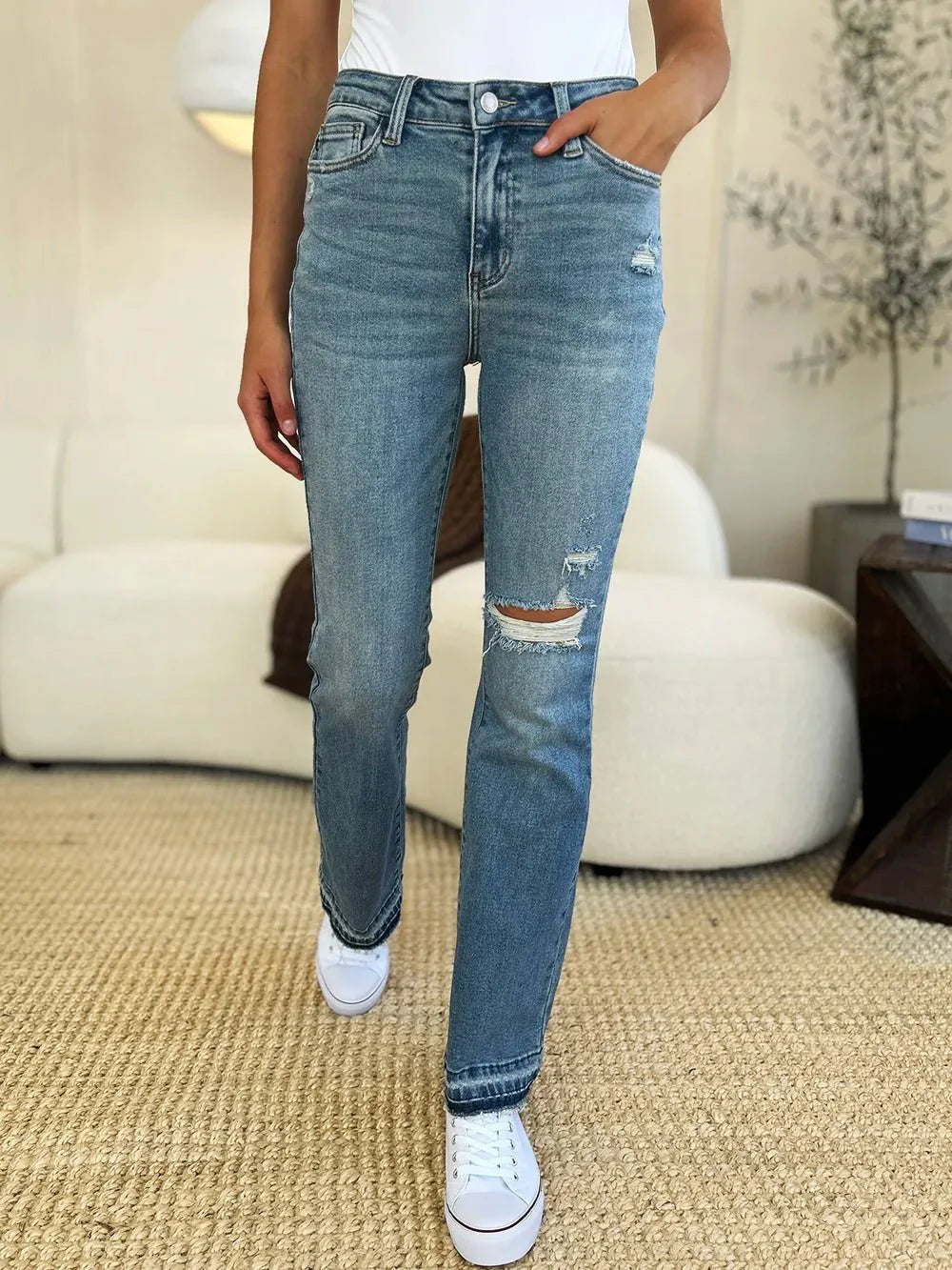 Judy Blue Full Size Mid Rise Destroyed Hem Distressed Jeans-1