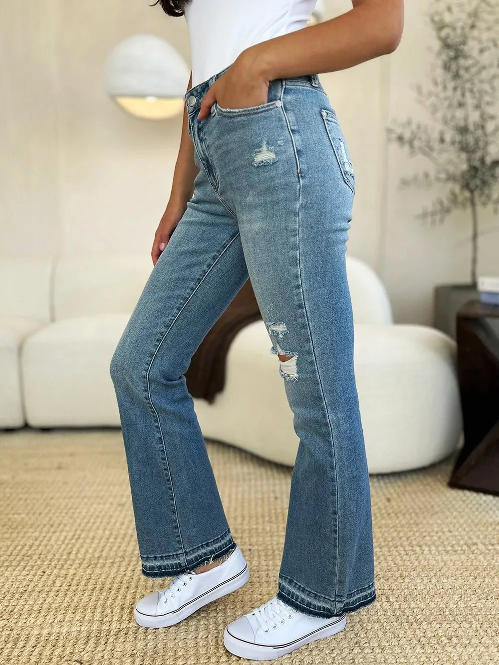 Judy Blue Full Size Mid Rise Destroyed Hem Distressed Jeans-2