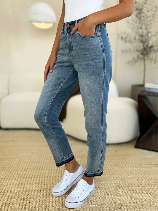 Judy Blue Full Size Mid Rise Rigid Magic Release Hem Jeans-0