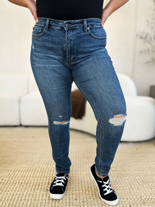 Judy Blue Full Size Mid Waist Distressed Slim Jeans-1