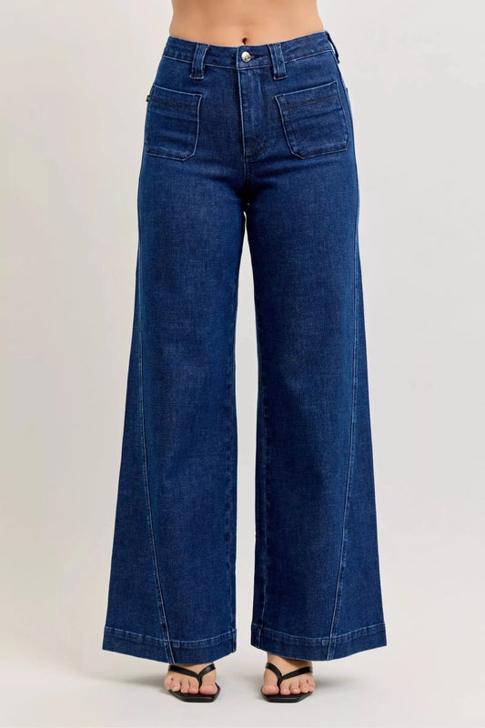 Judy Blue High-Waisted Retro Wide Jeans with Patch Pkts & Twisted Seams-0