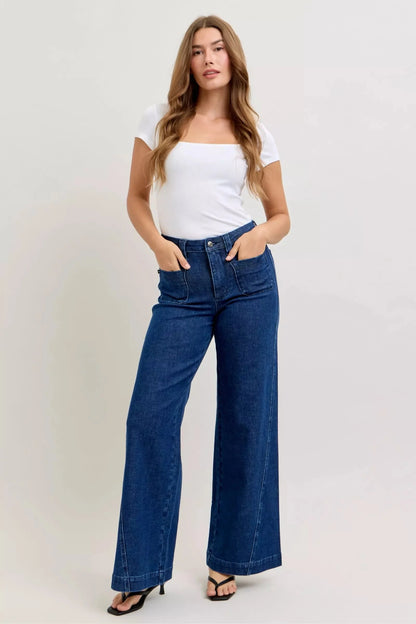 Judy Blue High-Waisted Retro Wide Jeans with Patch Pkts & Twisted Seams-4