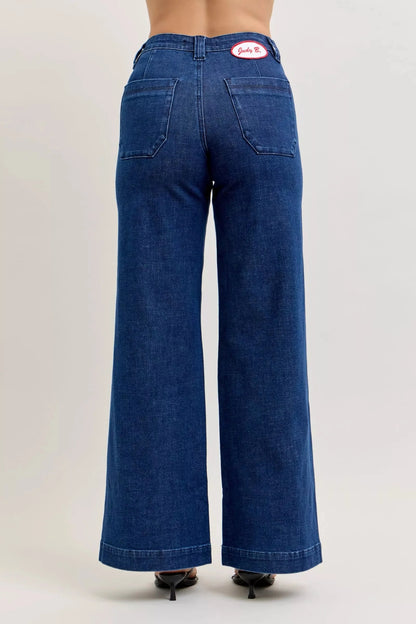 Judy Blue High-Waisted Retro Wide Jeans with Patch Pkts & Twisted Seams-3