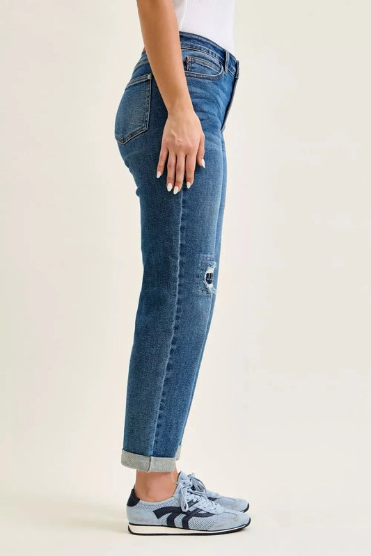 Judy Blue Mid Rise Boyfriend Embroidered Repair Patch Jeans-1