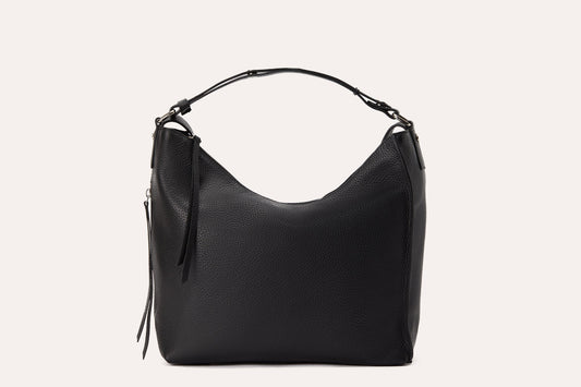 Black pebbled leather convertible backpack purse with its handle up, front view