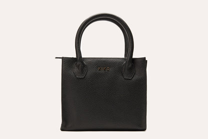 Black pebbled leather mini top handle bag, front view without the long strap