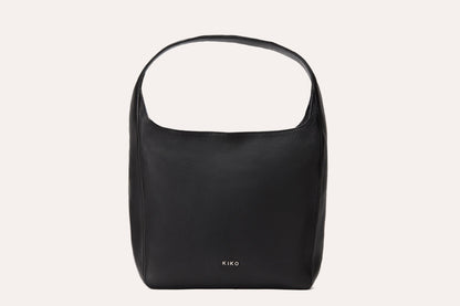 Black pebbled leather hobo bag with a single wide shoulder strap, front view