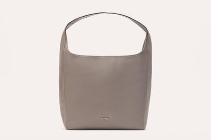 Gray pebbled leather hobo bag with a single wide shoulder strap, front view