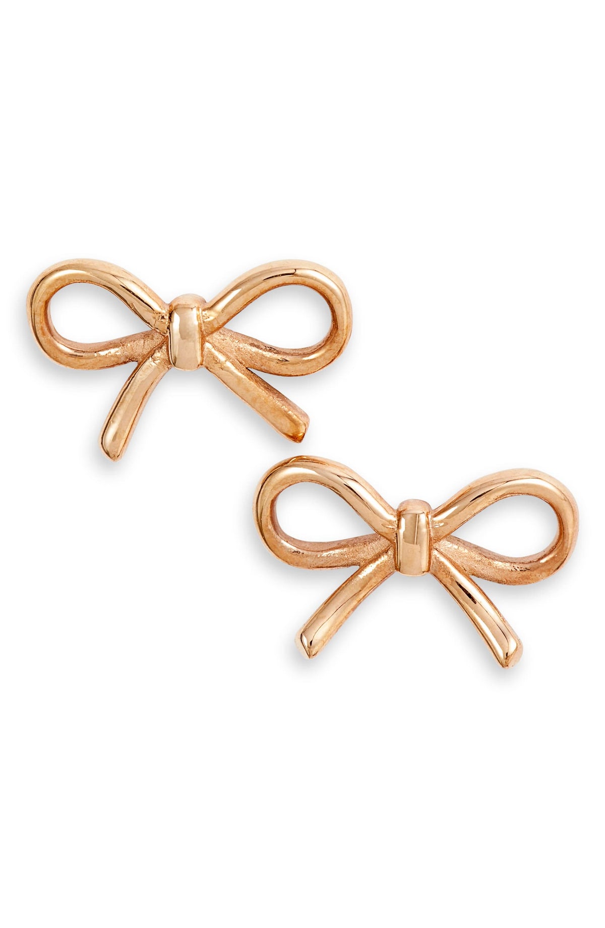 Pair of rose gold tone bow stud earrings shaped like a tied ribbon, shown on white