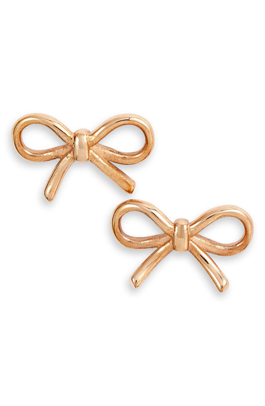 Pair of rose gold tone bow stud earrings shaped like a tied ribbon, shown on white