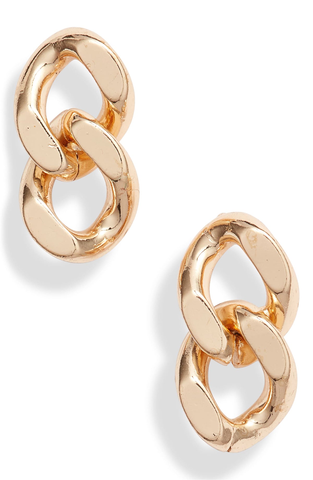 Chain link stud earrings in 14k gold plated brass, two linked loops on each post